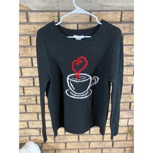 cupcakes & cashmere Black Sweater with Red Heart and White Cup Design
